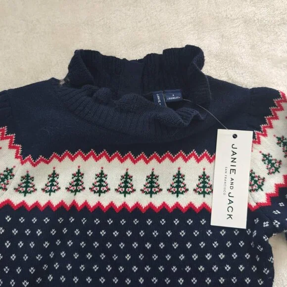 New Janie & Jack Navy Blue Patterned Fair Isle Sweater Dress. - Picture 4 of 6